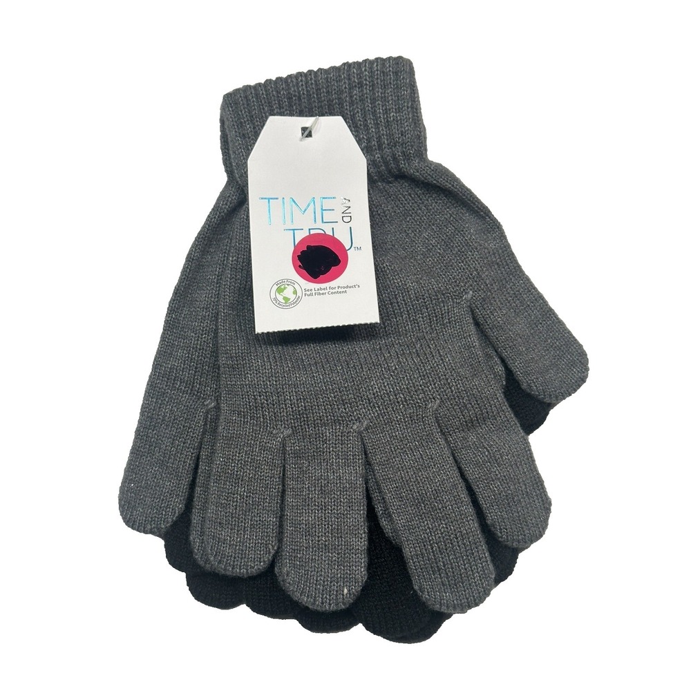 NEW time and tru womens 2 pairs winter gloves black & grey